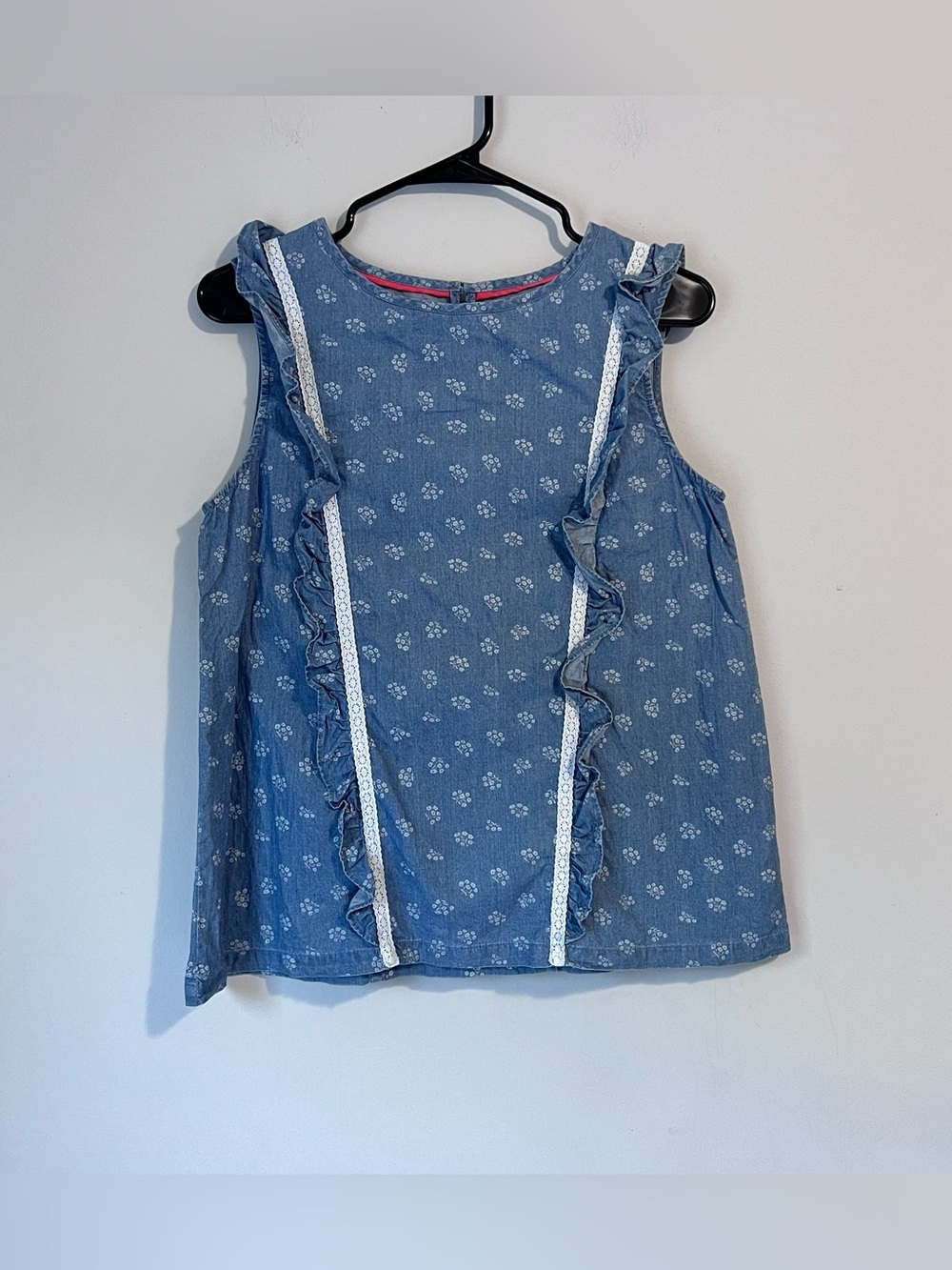 Mini Boden Girls 15-16Y Chambray Floral Ruffle Lace Trim Sleeveless Top Tank